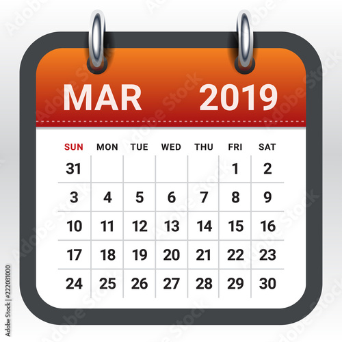 March 2019 monthly calendar vector illustration