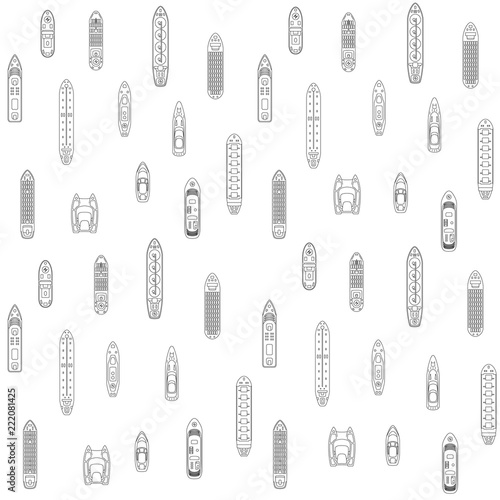 Seamless background of commercial cargo and passengers ships. Sea transportation vehicle. Transport boat. International water trade concept. Vector illustration.