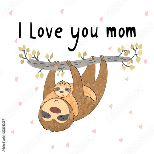 Baby shower cards. Vector sloth mom and baby