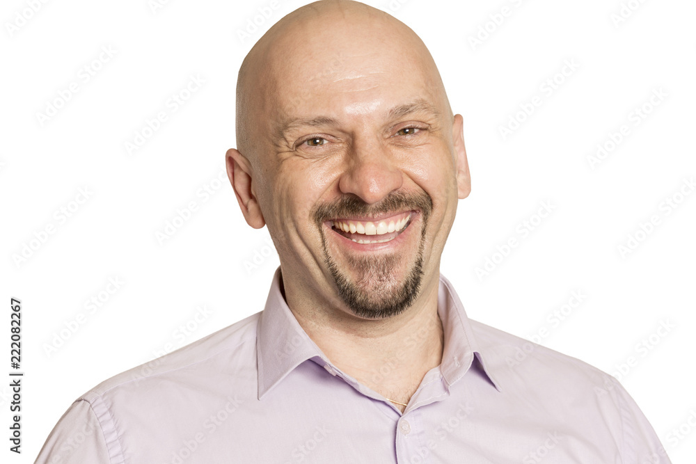 Naklejka premium Bald man laughing, close-up, isolated on white background