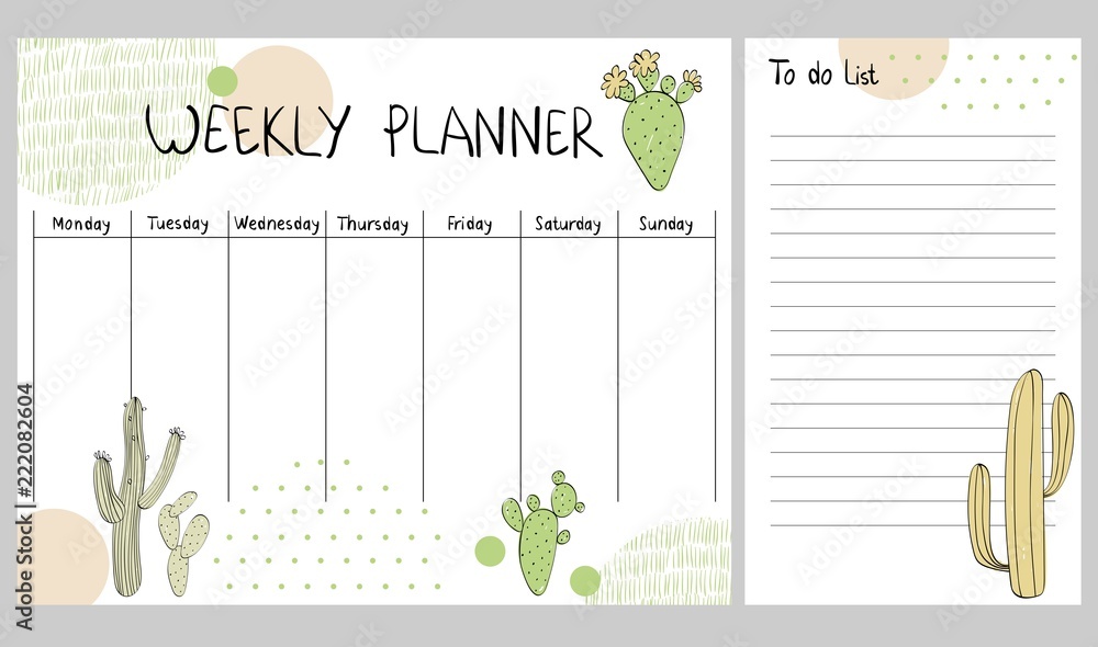 Hand drawing vector weekly planner with cactuses.