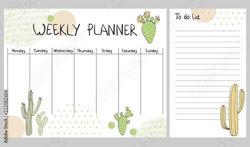 Hand drawing vector weekly planner with cactuses.