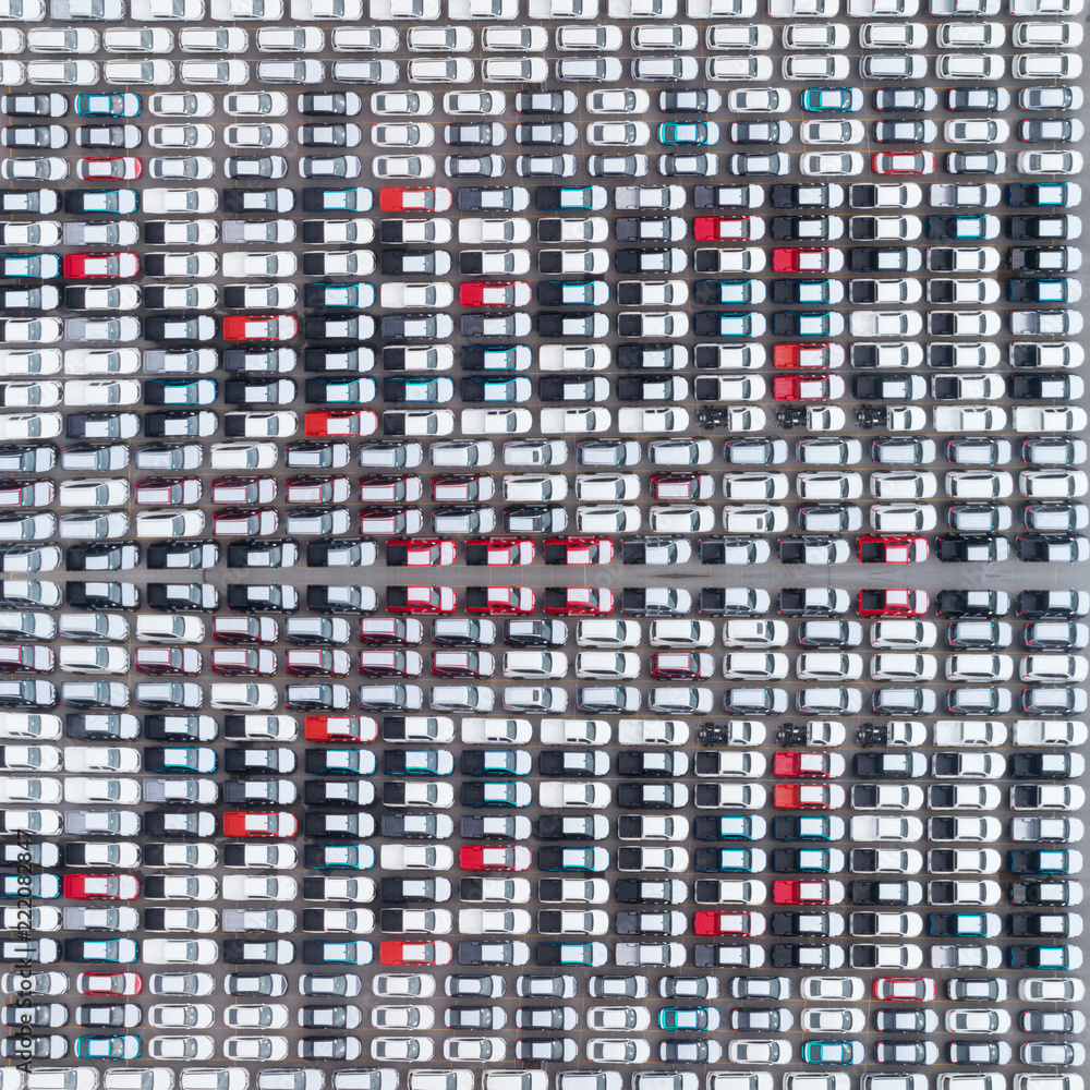 Aerial view car park at sea port or manufacture waiting for sale or export to worldwide. Aerial view car park at sea port or manufacture waiting for sale or export to worldwide.