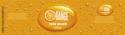 orange juice packaging with many juice drops and orange slice
