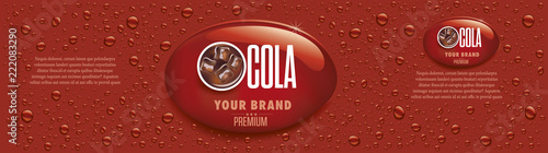 cola drink packaging with many drops and ice cubes in drink