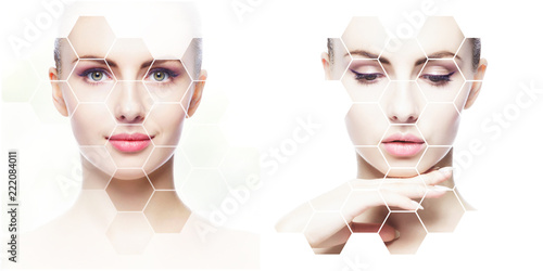 Collage of female portraits. Healthy faces of young women. Spa, face lifting, plastic surgery collage concept.