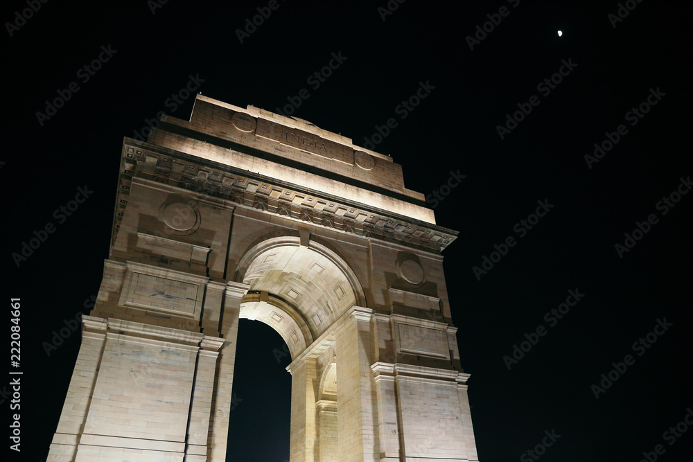India Gate at night in Delhi, India