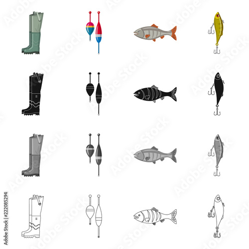 Vector illustration of fish and fishing logo. Collection of fish and equipment stock symbol for web.