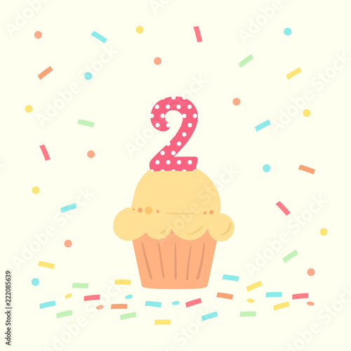 happy second birthday card with cupcake and number two in flat design style, vector illustration