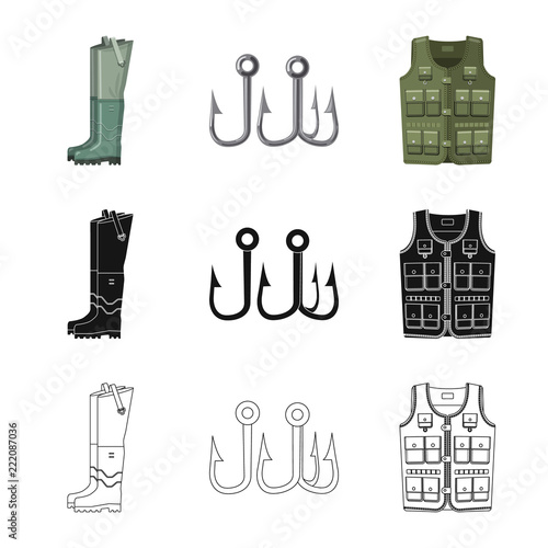 Vector illustration of fish and fishing symbol. Collection of fish and equipment stock symbol for web.