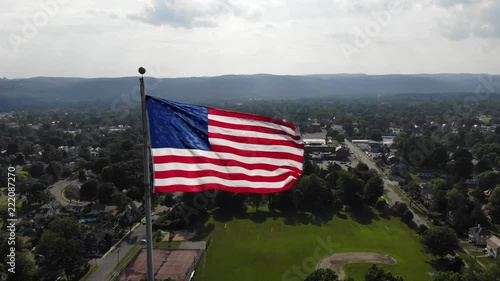 Drone footage from Poet's Seat Tower in Greenfield, Massachusetts. Aerial footage of small New England town. photo