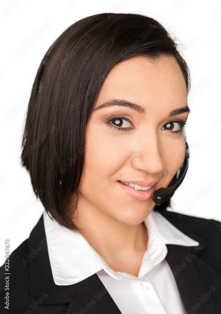 Closeup of a Female Phone Operator in Headset Closeup of a Female Phone Operator in Headset