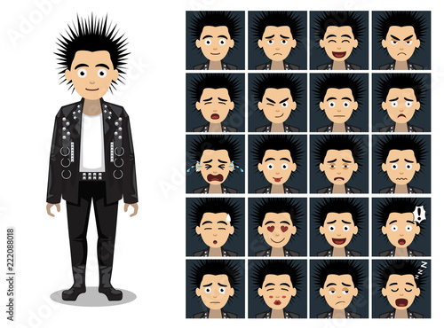 Punk Spike Head Man Cartoon Emotion faces Vector Illustration