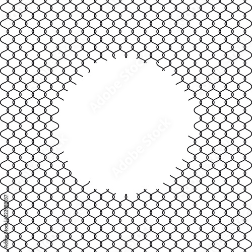 Illustration of chain link fence with hole isolated on white background. Prison barrier, secured property.