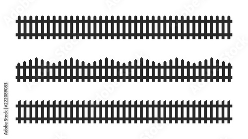 Black picket fence symbols and signs. Isolated vector illustration on white background.