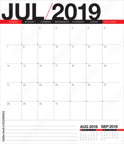 July 2019 desk calendar vector illustration