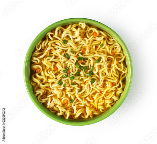 Plate of instant noodles on white background.