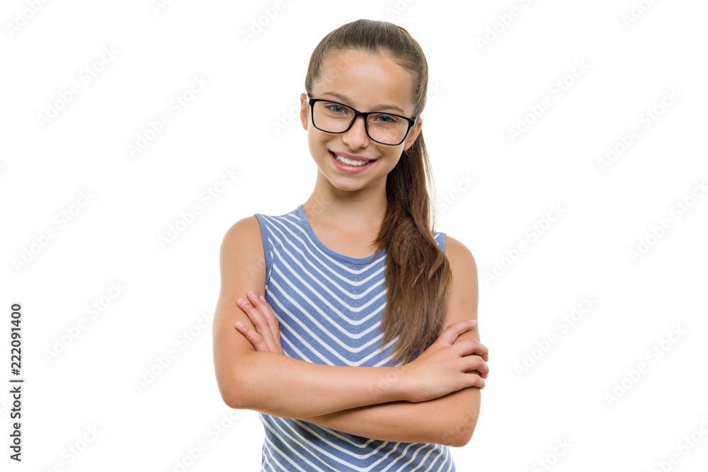 Confident girl student in glasses with arms crossed smiling on white background, isolated