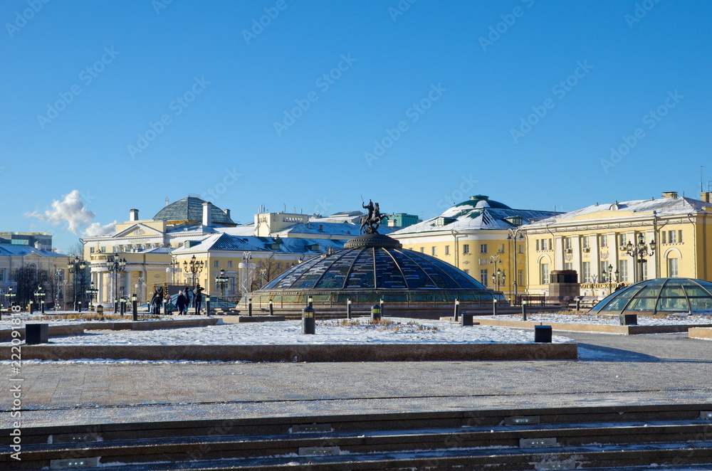 Moscow, Russia - January 9, 2018: Manege square. Fountain 