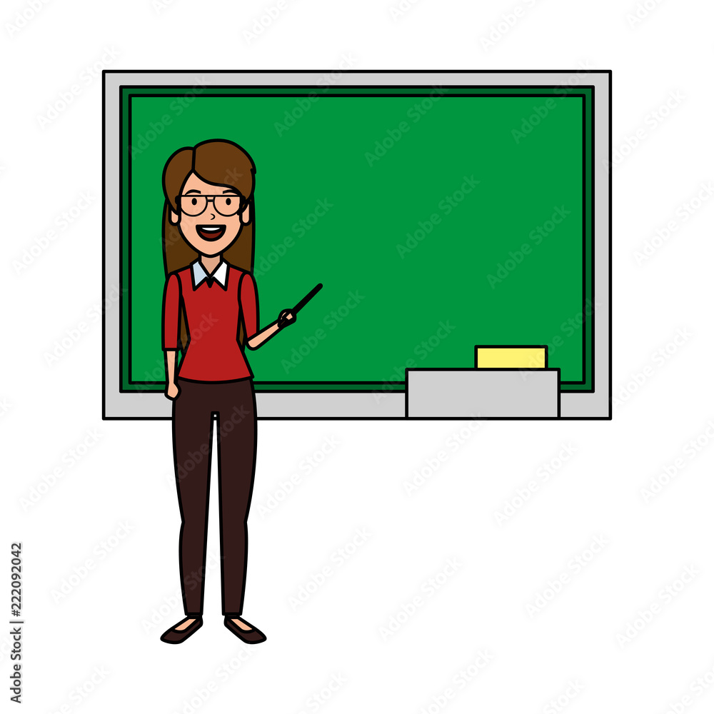 teacher woman with pointer and chalkboard teacher woman with pointer and chalkboard