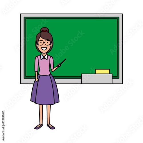 teacher woman with pointer and chalkboard