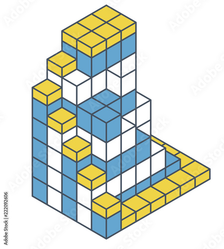 Vector cube shape evoking ascending staircase. Oulined minimalistic block like architecture stairs. Master isolated illustration, isometric exploration icon symbol photo