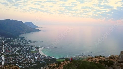Drone / aerial footage of Lion's Head in Cape Town South Africa at dusk / sunset early evening. photo