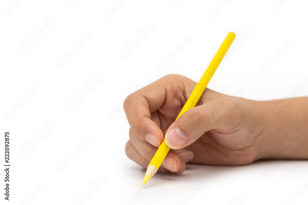 Female hand with colorful pencil isolated on white background Female hand with colorful pencil isolated on white background