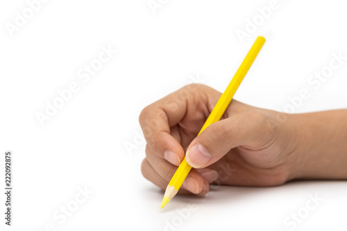 Female hand with colorful pencil isolated on white background