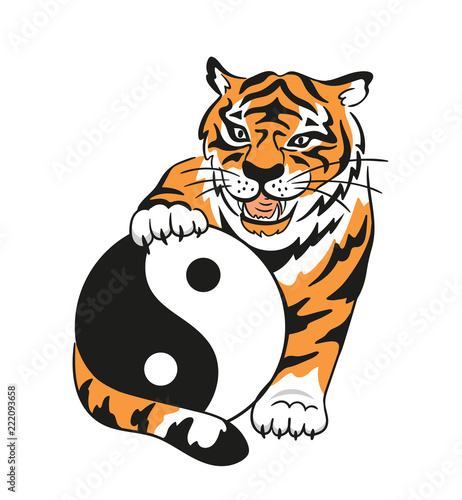 Vector yin yang symbol with tiger and chinese characters - 'tai Chi Chuan'. Abstract occult and mystic sign. Taichi print design.
