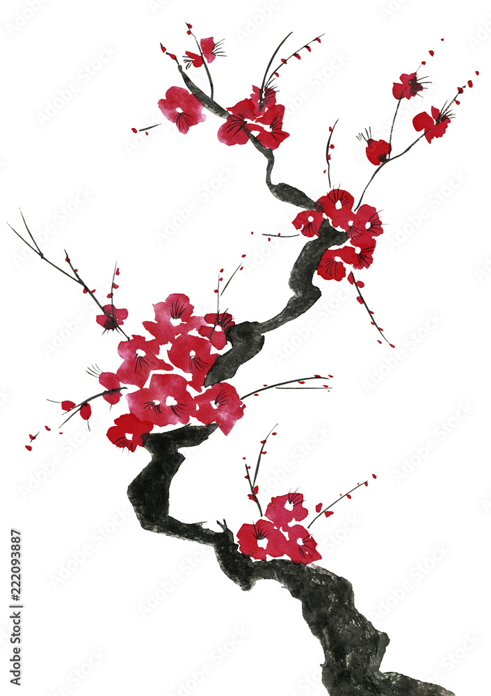 Fototapeta premium A branch of a blossoming tree. Pink and red stylized flowers of plum mei, wild apricots and sakura . Watercolor and ink illustration in style sumi-e, u-sin. Oriental traditional painting.