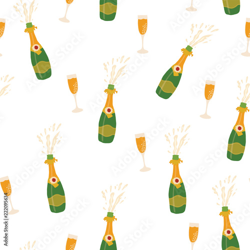 Champagne bottles and glasses vector seamless pattern background. Hand drawn illustration of champagne explosion and champagne flutes. Great for Party, New Years Eve, Christmas, Holidays, card, invite