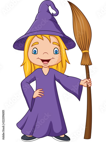 Cartoon little witch holding broomstick