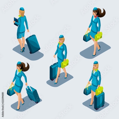 Isometry set of stewardess girls in beautiful strict suits, uniforms, suitcases, gods, bags, front view and rear view. Airport employees escort