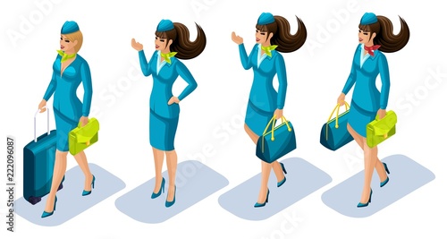Isometry of the stewardess girl go show. Beautiful hairstyles, bright uniforms, costume. Great set for vector illustrations