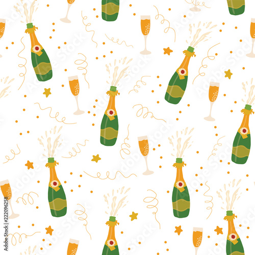 Champagne flutes and bottles vector seamless pattern background. Hand drawn illustration of champagne explosion and champagne glasses. Great for Party, New Years Eve, Christmas, Holidays, card, invite