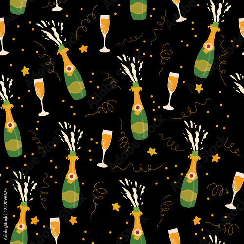 Champagne bottles and glasses vector seamless pattern background. Hand drawn champagne explosion and champagne flutes on black. For Party, New Years Eve, Christmas, Holidays, card, invite, wedding