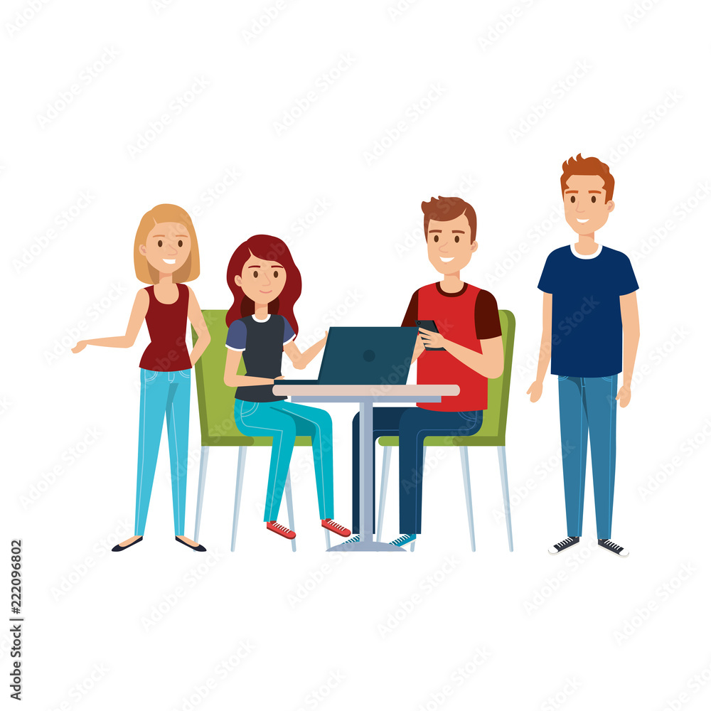 Obraz premium young woman at desk with laptop and companions