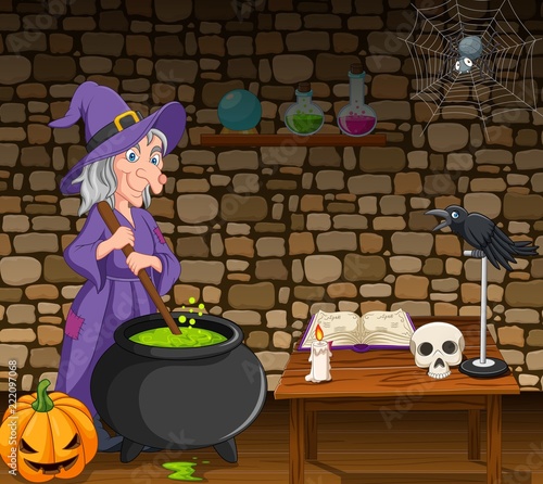 Halloween background with witch stirring magic potion