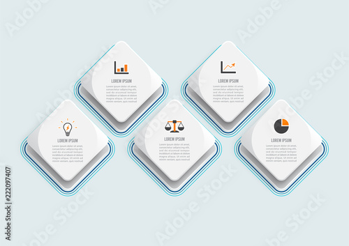 Vector infographic template with 3D paper label, integrated circles. Business concept with 5 options. For content, diagram, flowchart, steps, parts, timeline infographics.
