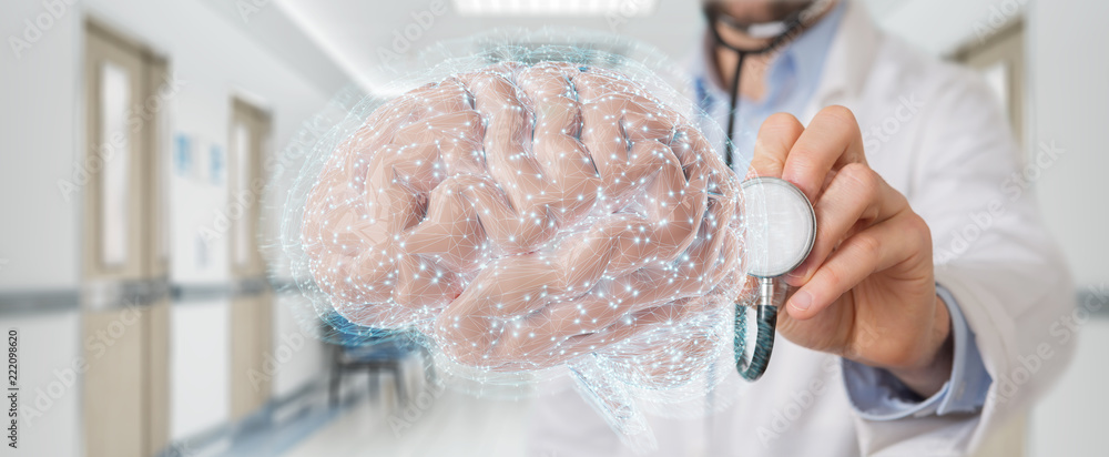 Doctor using digital brain scan hologram 3D rendering Doctor using digital brain scan hologram 3D rendering
