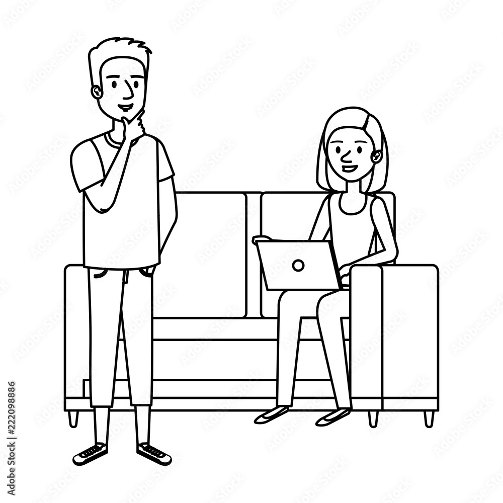 young woman at sofa with laptop and companions young woman at sofa with laptop and companions