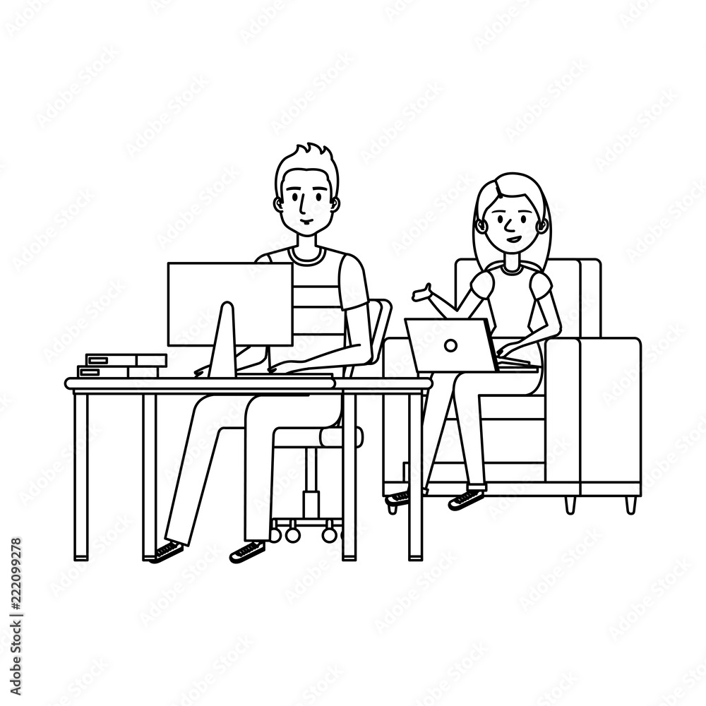 couple working in the office and sofa