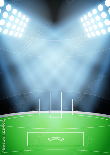 Vertical Background for posters night Australian football stadium in the spotlight. Editable Vector Illustration.