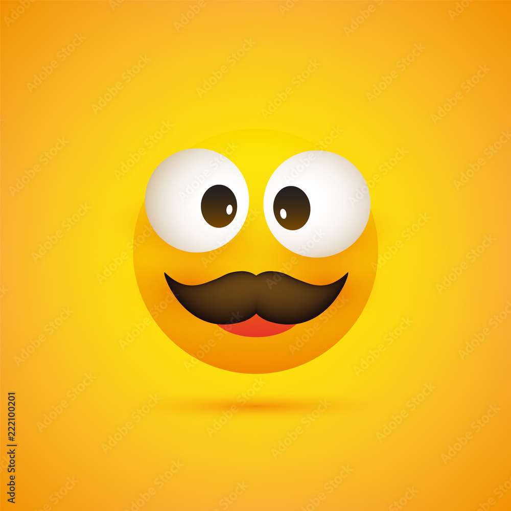 Smiling Emoji - Simple Happy Emoticon with Squint Pop Out Eyes and Mustache on Yellow Background - Vector Design Smiling Emoji - Simple Happy Emoticon with Squint Pop Out Eyes and Mustache on Yellow Background - Vector Design