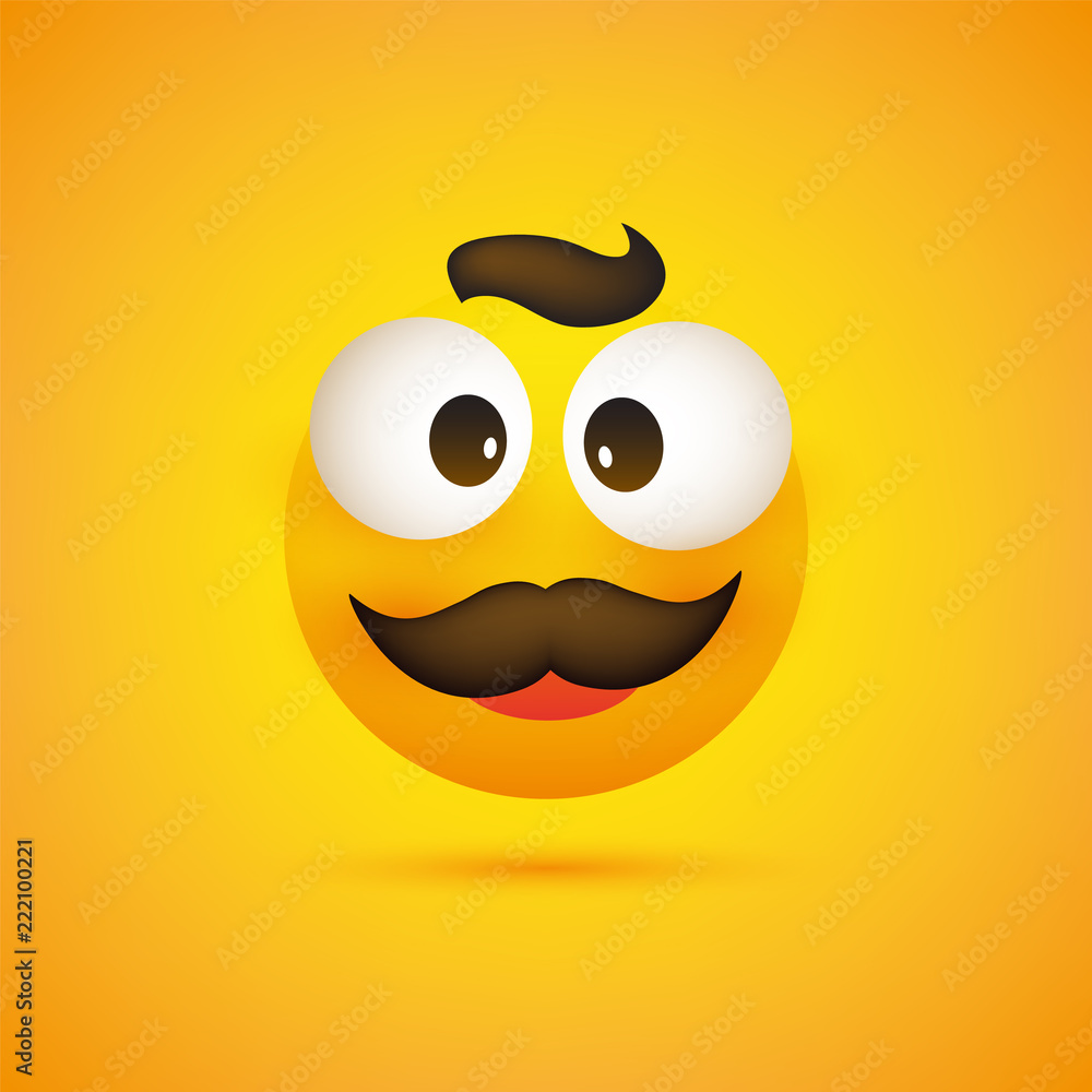 Smiling Emoji - Simple Happy Emoticon with Squint Pop Out Eyes and Mustache on Yellow Background - Vector Design