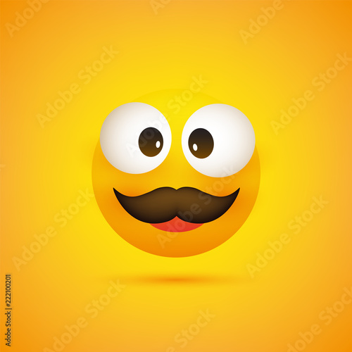 Smiling Emoji - Simple Happy Emoticon with Squint Pop Out Eyes and Mustache on Yellow Background - Vector Design