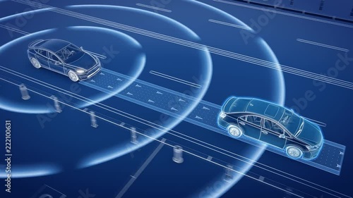 Autonomous self driving electric car change the lane and overtakes city vehicle