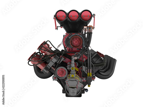 Red engine with supercharger front view 3d render on white background no shadow