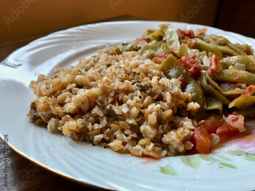 Bulgur Rice made with Siyez Unu Einkorn Flour (Triticum monococcum) with Green Beans Zeytinyagli Fasulye / Pilav or Pilaf
